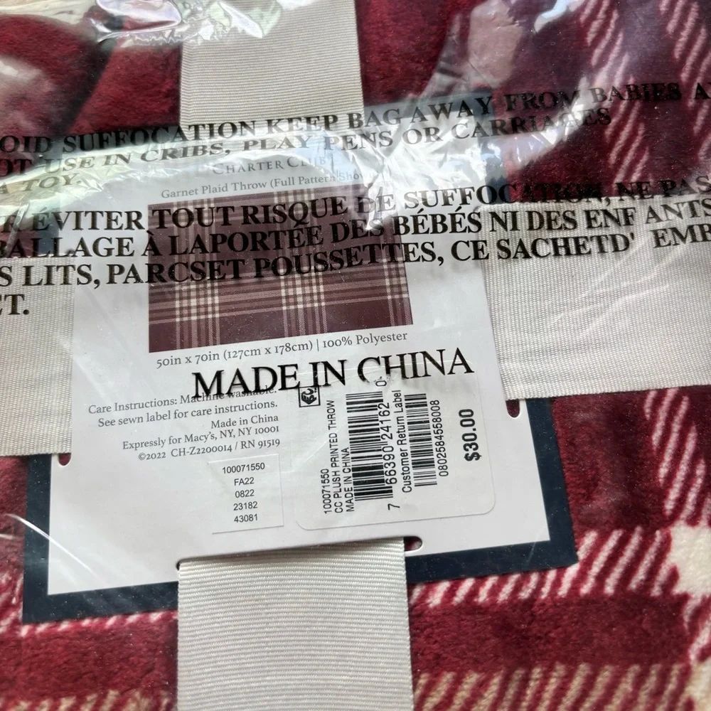 NWT Charter Club Cozy Plush 50in x 70in Throw • Garnet Plaid